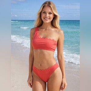 Scalloped Coral One-Shoulder Bikini